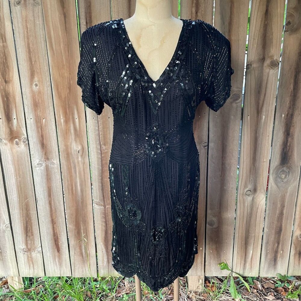 Vintage 80s SWEE LO Black Beaded Sequins Silk Cocktail Dress sz XL Embellished